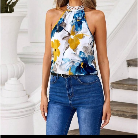 Boho Floral Print Keyhole Back Halter Neck Lace Tie Back Top Blouse Shirt - Picture 5 of 14